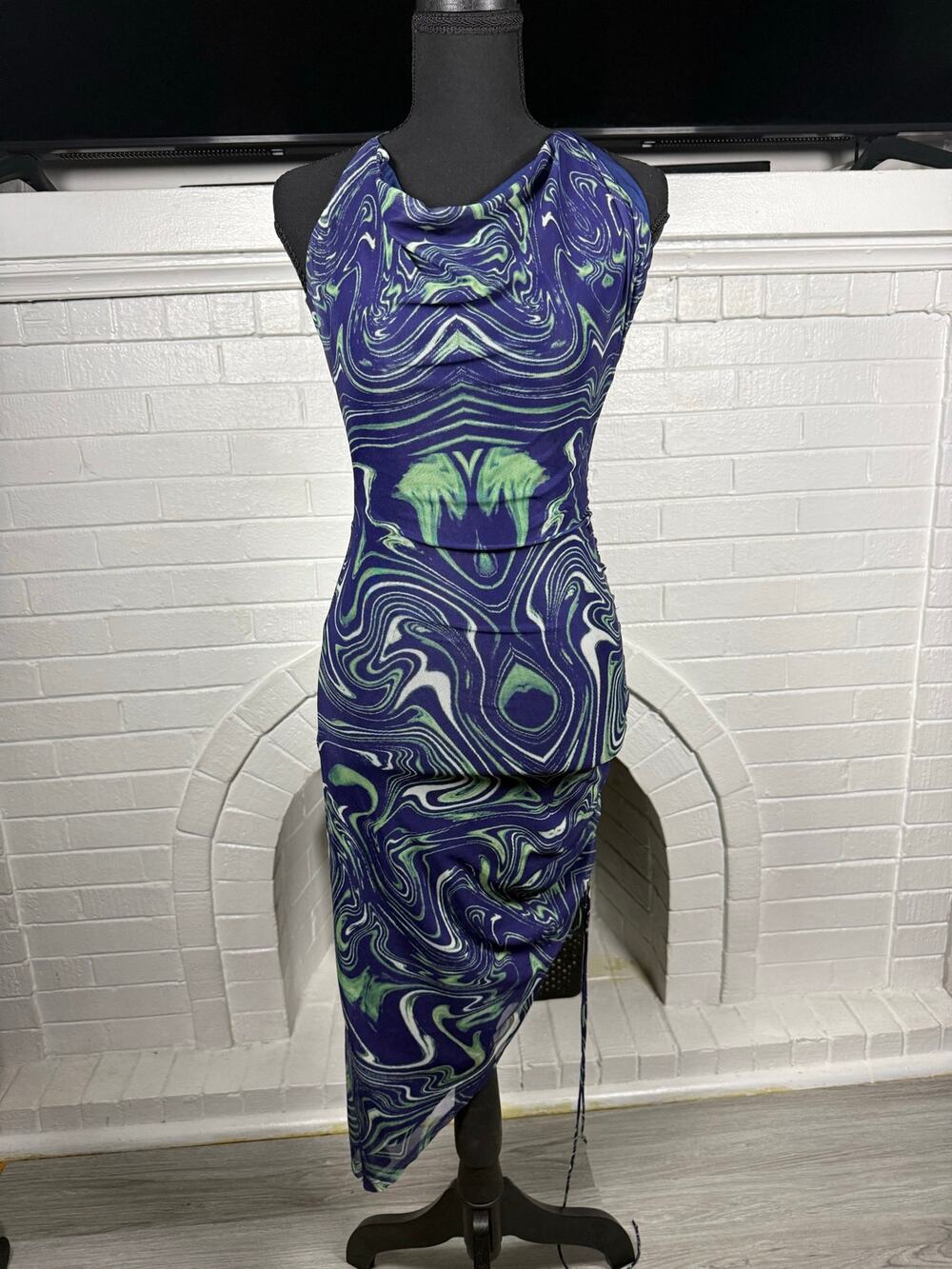 Fashion Nova Marble Print Mesh Midi Dress Cowl Neck Ruched Blue Green Asymmetric